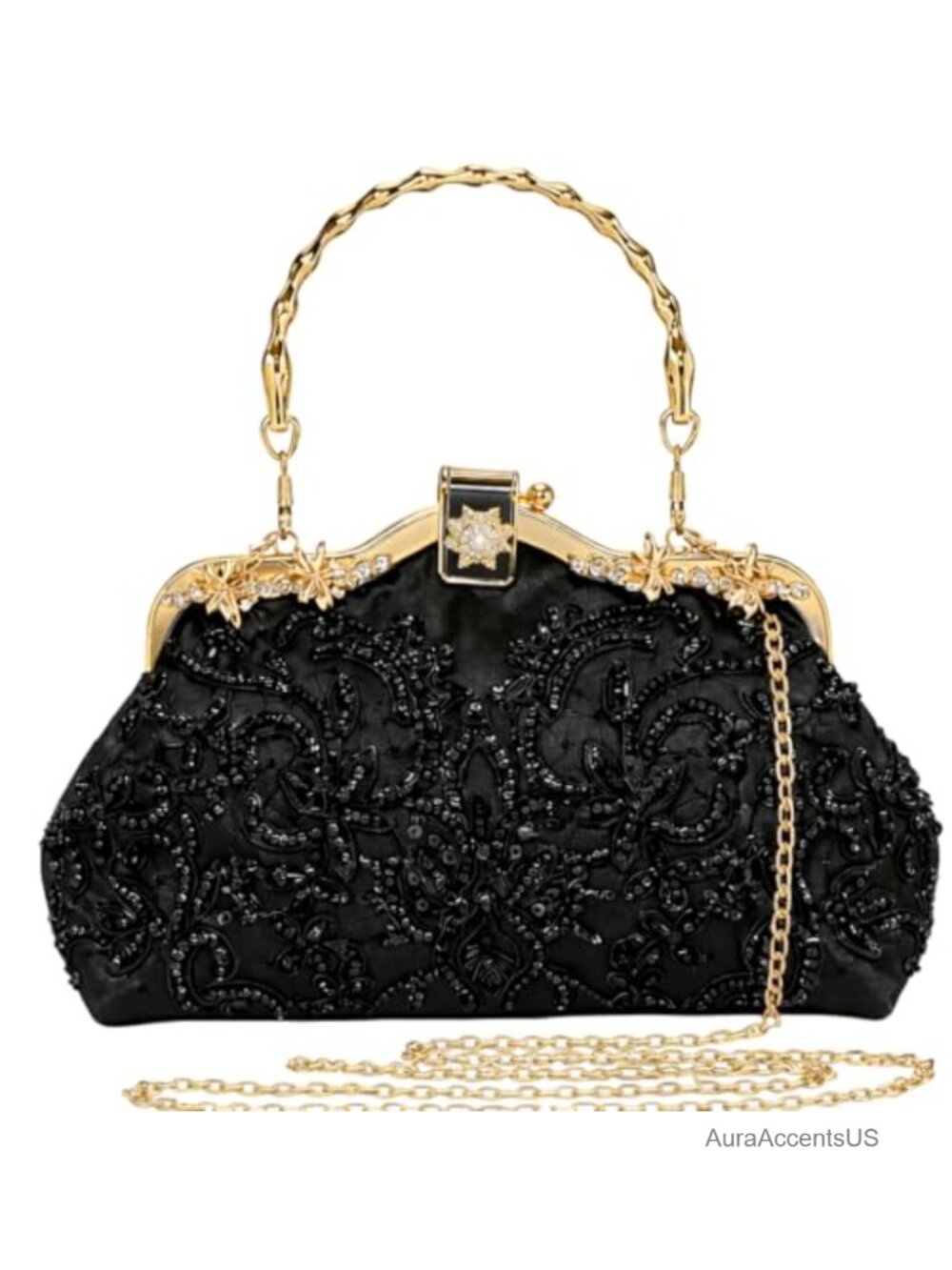 Women's Floral Beaded Evening Clutch Purse with Chain Strap Formal Handbag